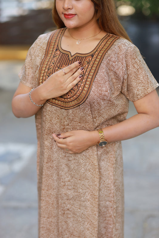 brown With sandal floral Design Neck Embroidery Nighty