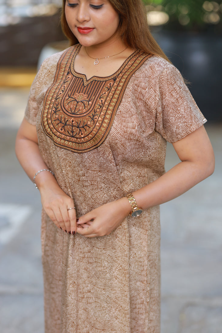brown With sandal floral Design Neck Embroidery Nighty