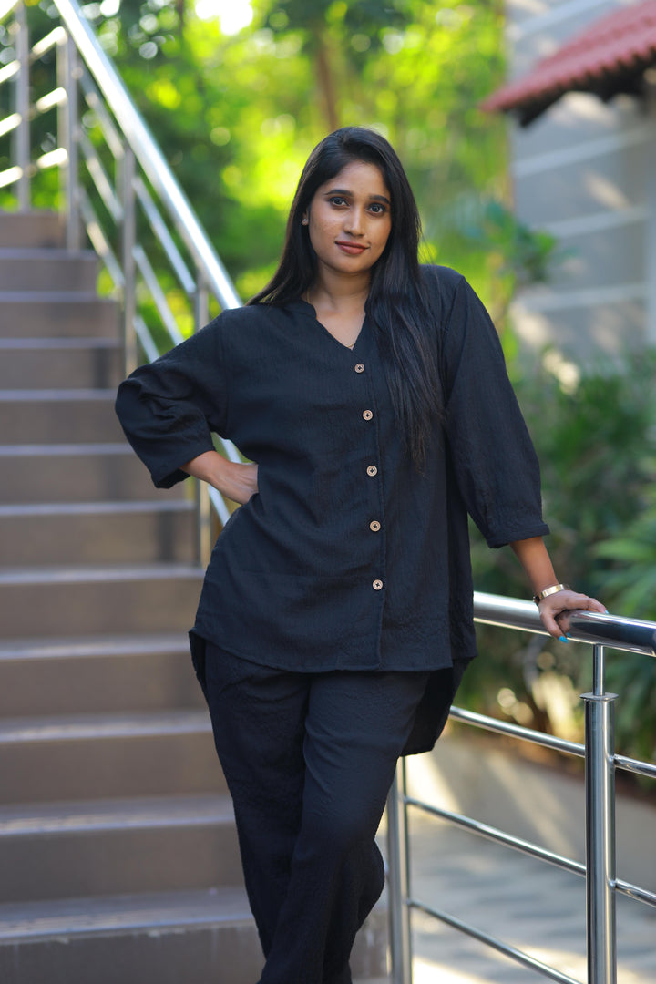 Trendy popcorn Black  co-ord set nightdress - AHA Nightwears