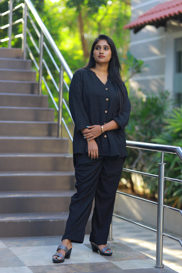 Trendy popcorn Black  co-ord set nightdress - AHA Nightwears