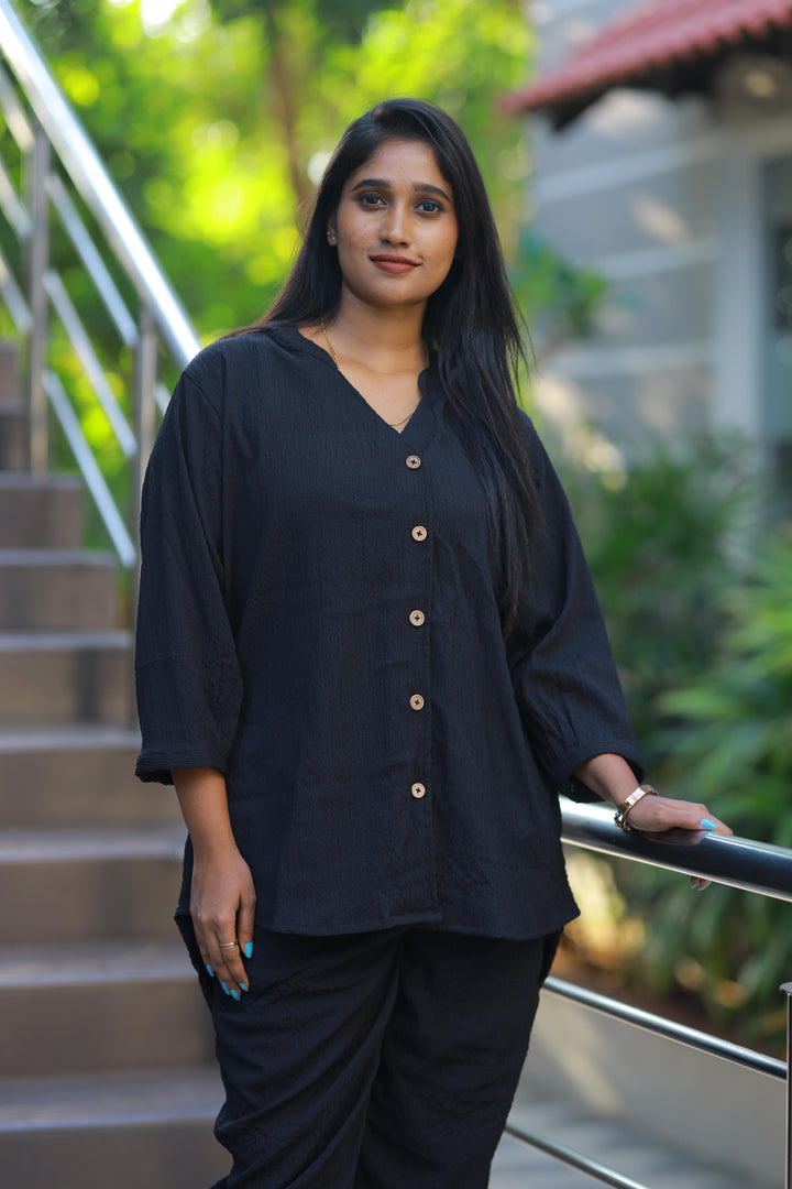 Trendy popcorn Black  co-ord set nightdress - AHA Nightwears