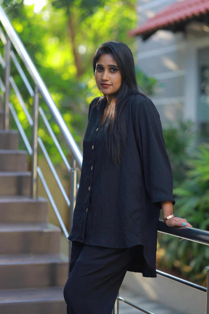 Trendy popcorn Black  co-ord set nightdress - AHA Nightwears