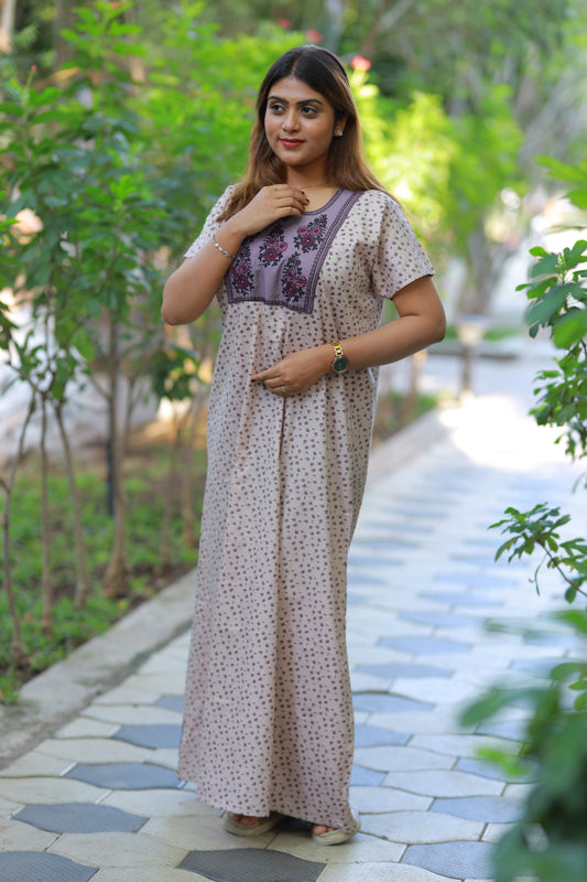 Light Brown With purple dark brown floral Design Neck Embroidery Nighty