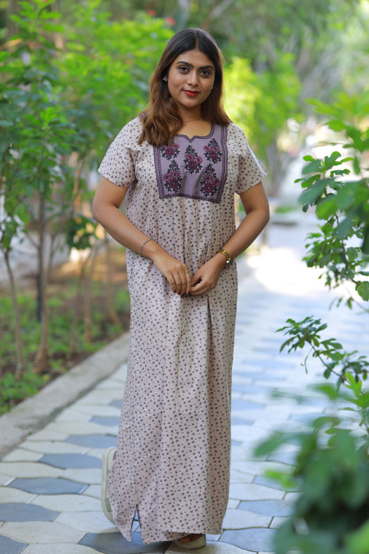 Light Brown With purple dark brown floral Design Neck Embroidery Nighty