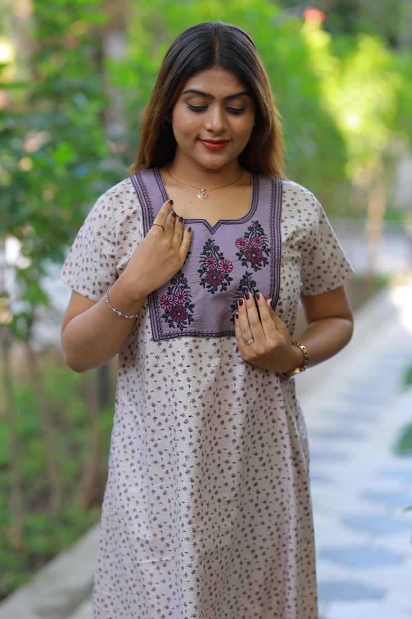 Light Brown With purple dark brown floral Design Neck Embroidery Nighty