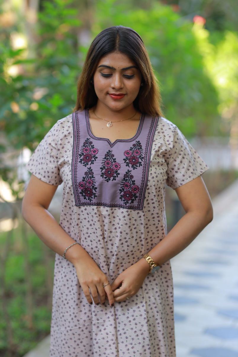 Light Brown With purple dark brown floral Design Neck Embroidery Nighty
