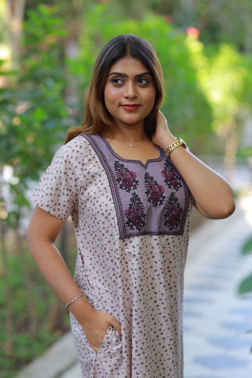 Light Brown With purple dark brown floral Design Neck Embroidery Nighty
