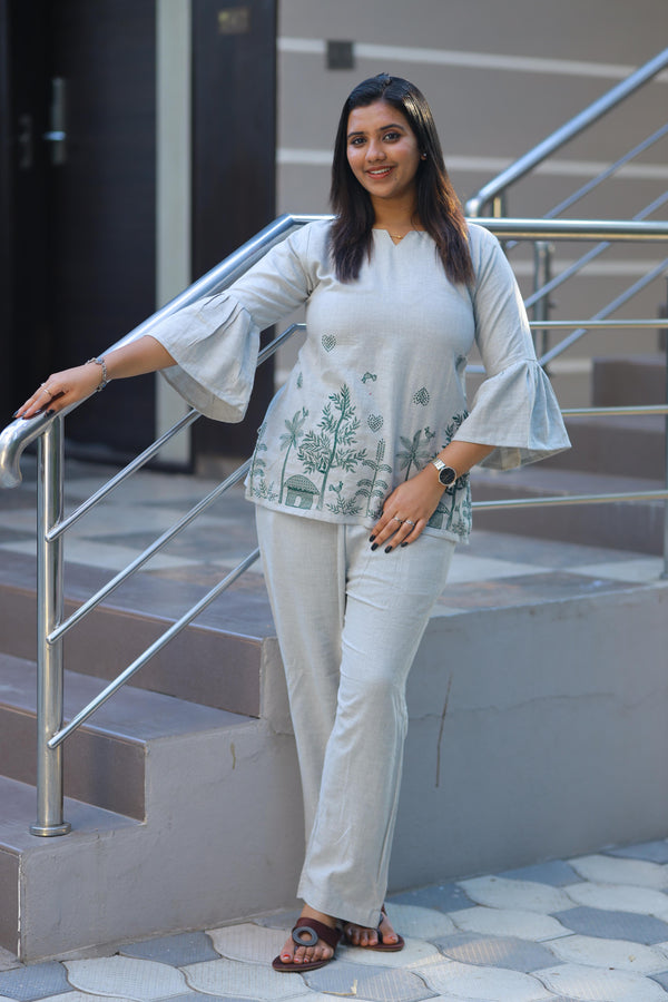 Light Gray With Green embroidery Design Lenin nightdress