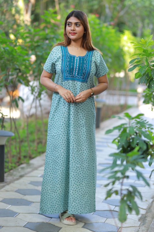 dark blue With white floral Design Neck Embroidery Nighty