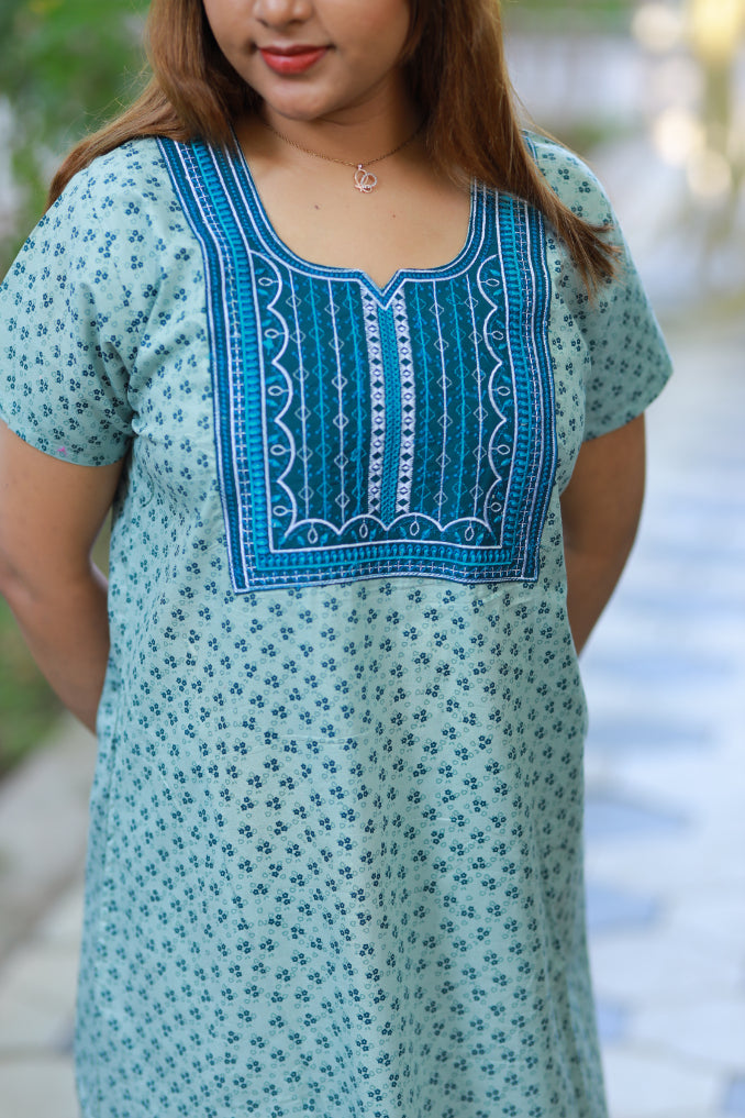 dark blue With white floral Design Neck Embroidery Nighty