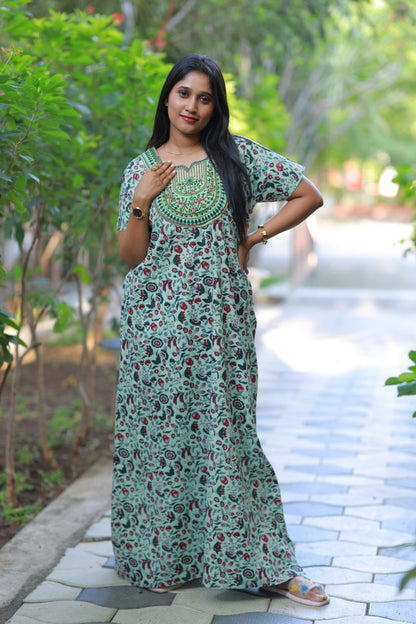 Light Green With purple Flower  Design Embroidery Nighty