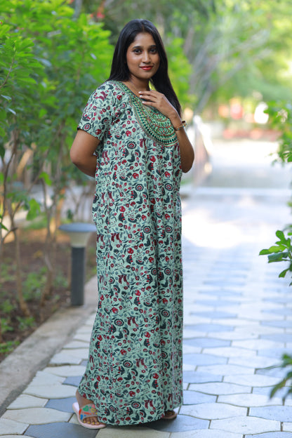 Light Green With purple Flower  Design Embroidery Nighty