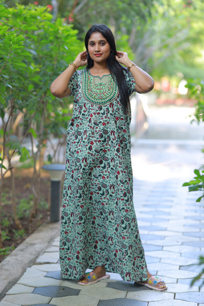 Light Green With purple Flower  Design Embroidery Nighty