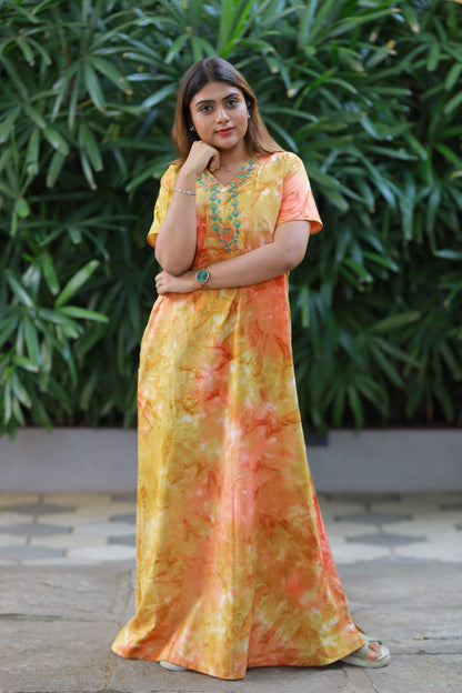 Pure Cotton Batik Nighty With Elegent Embroidery Design