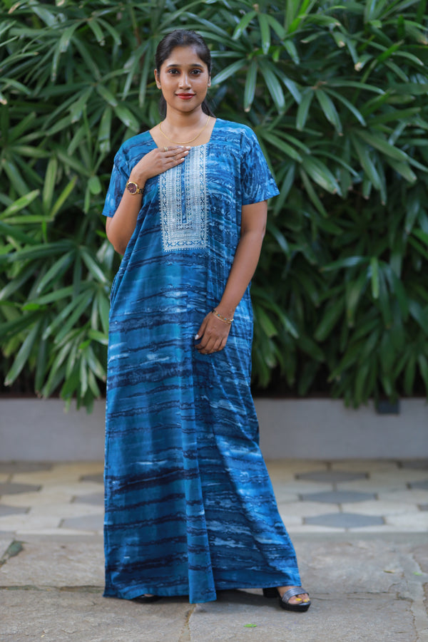 Pure Cotton Batik Nighty With Elegent Embroidery Design