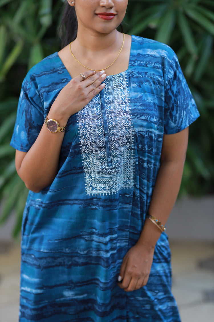 Pure Cotton Batik Nighty With Elegent Embroidery Design