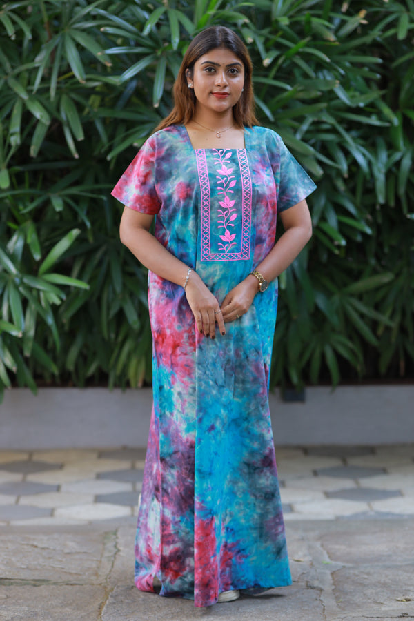 Pure Cotton Batik Nighty With Elegent Embroidery Design