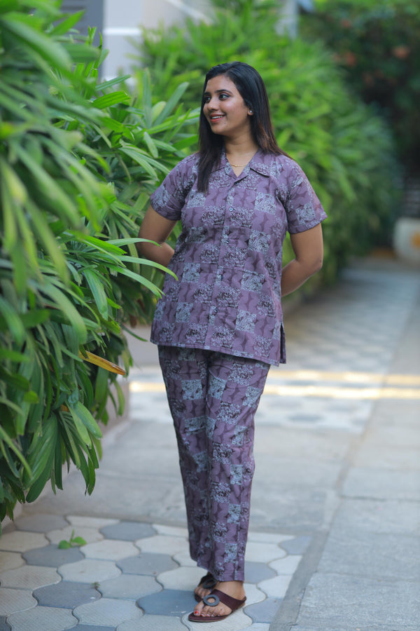 Choclate colour With Checked Floral Design coller Premium Quality NightDress