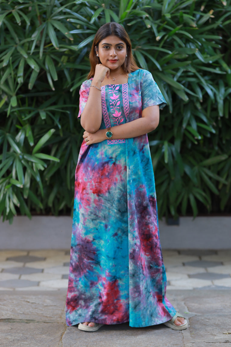 Pure Cotton Batik Nighty With Elegent Embroidery Design