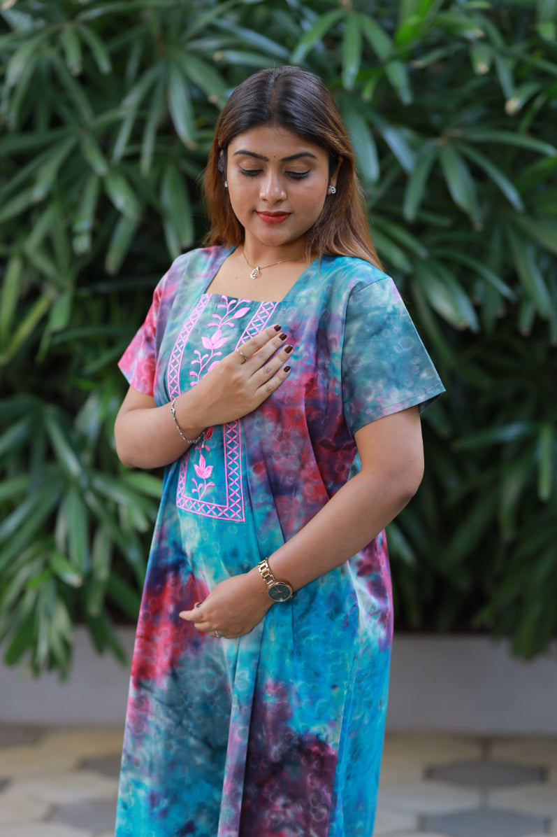 Pure Cotton Batik Nighty With Elegent Embroidery Design