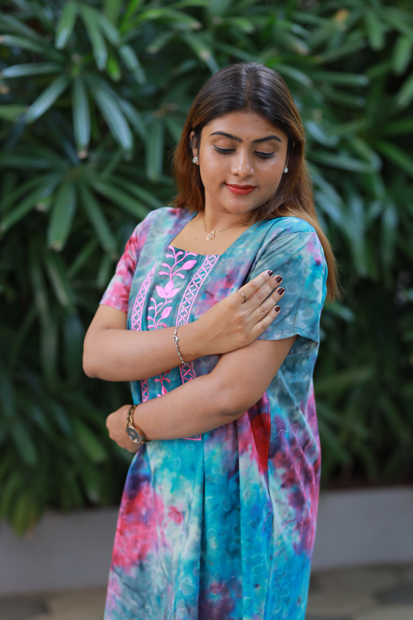 Pure Cotton Batik Nighty With Elegent Embroidery Design