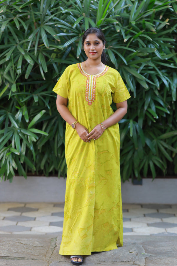 Pure Cotton  Batik Nighty With Elegent Embroidery Design