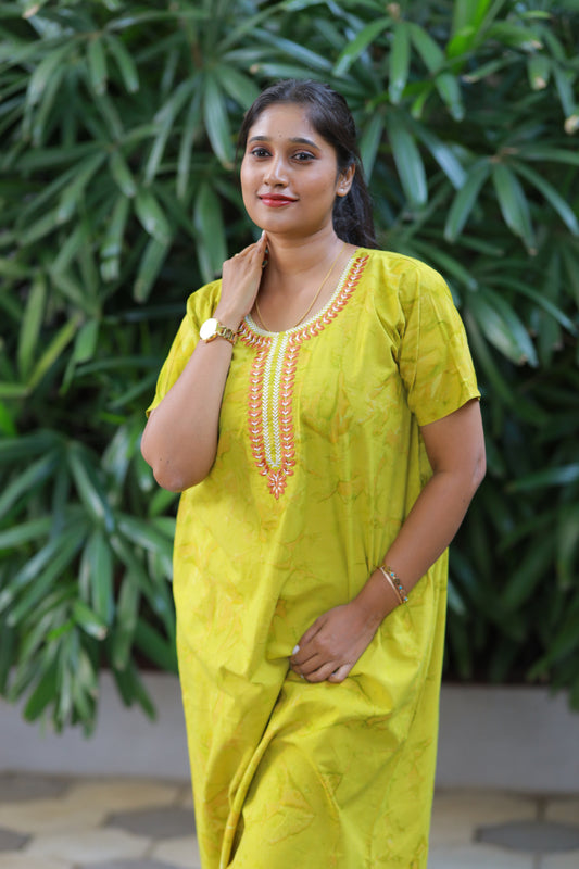 Pure Cotton  Batik Nighty With Elegent Embroidery Design