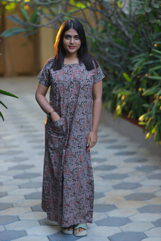 Brown floral design Collar Nighty