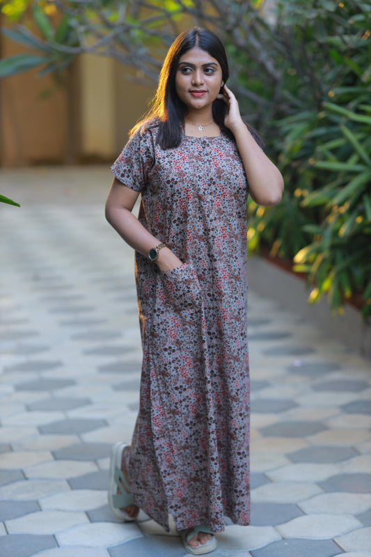 Brown floral design Collar Nighty