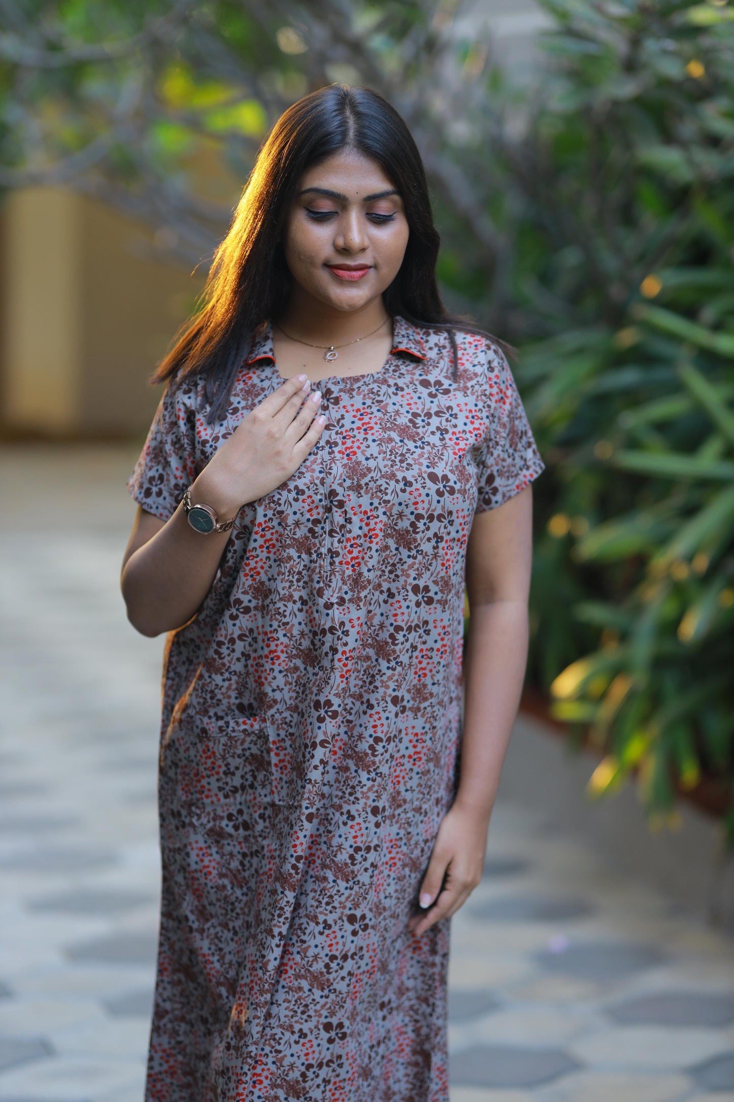 Brown floral design Collar Nighty