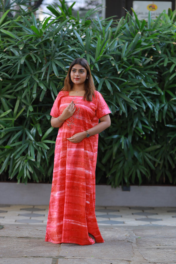 Pink With Orange Cotton Batik Nighty With Elegent Embroidery Design