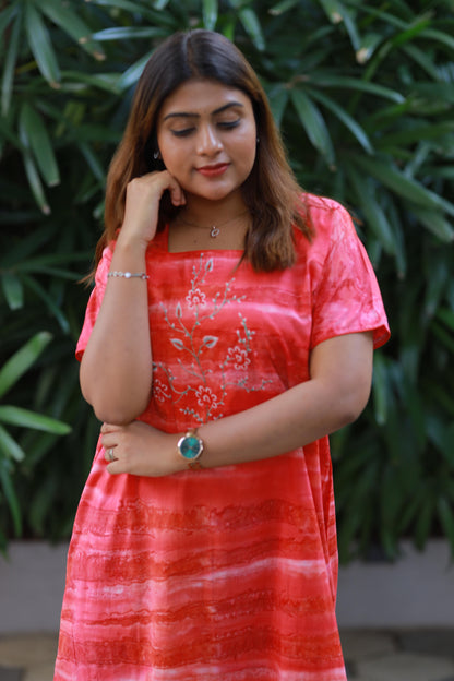 Pink With Orange Cotton Batik Nighty With Elegent Embroidery Design