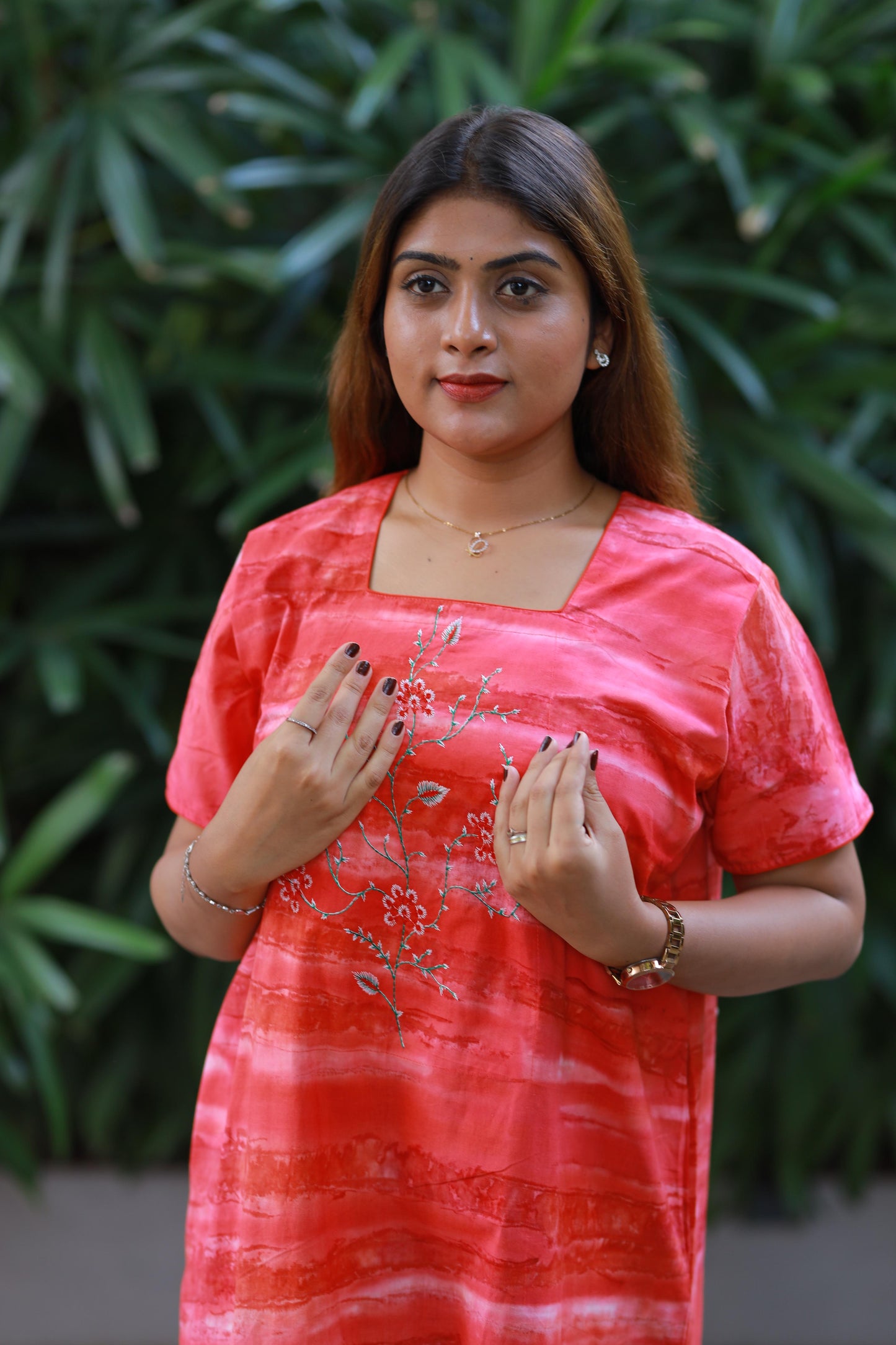 Pink With Orange Cotton Batik Nighty With Elegent Embroidery Design