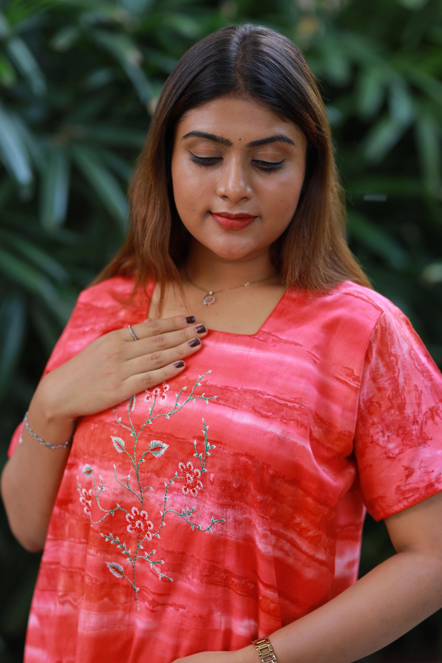 Pink With Orange Cotton Batik Nighty With Elegent Embroidery Design