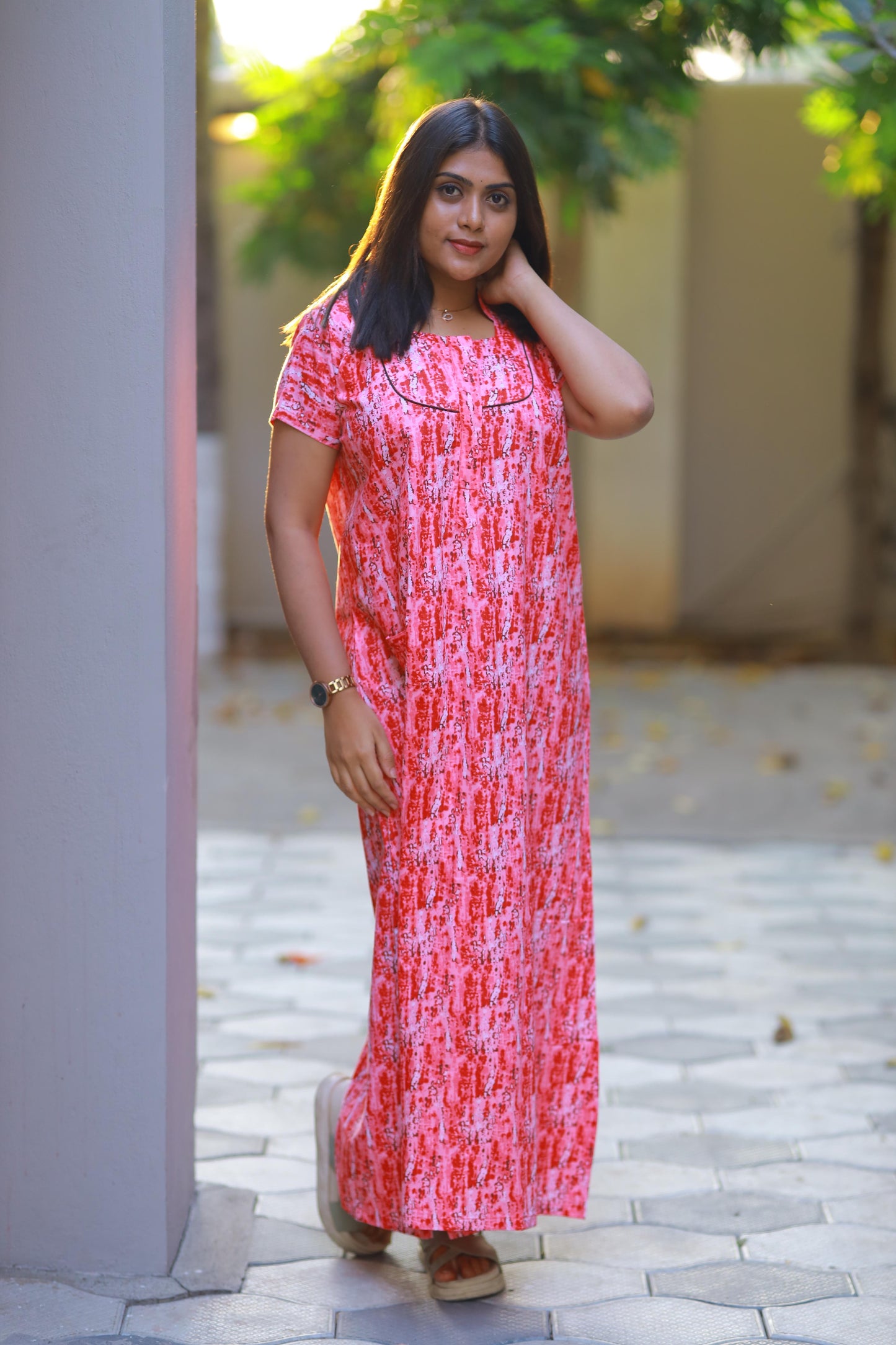Pink with white design Collar Nighty
