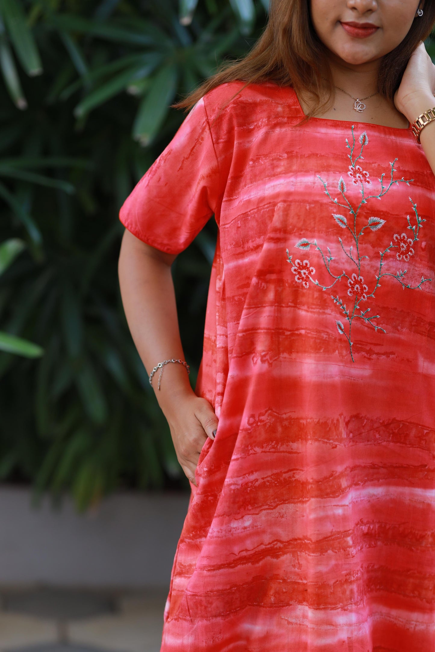Pink With Orange Cotton Batik Nighty With Elegent Embroidery Design