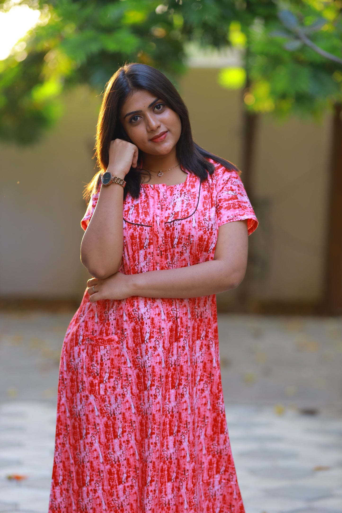 Pink with white design Collar Nighty