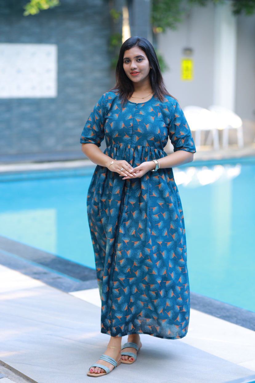 Pure cotton navy blue frock with center zip