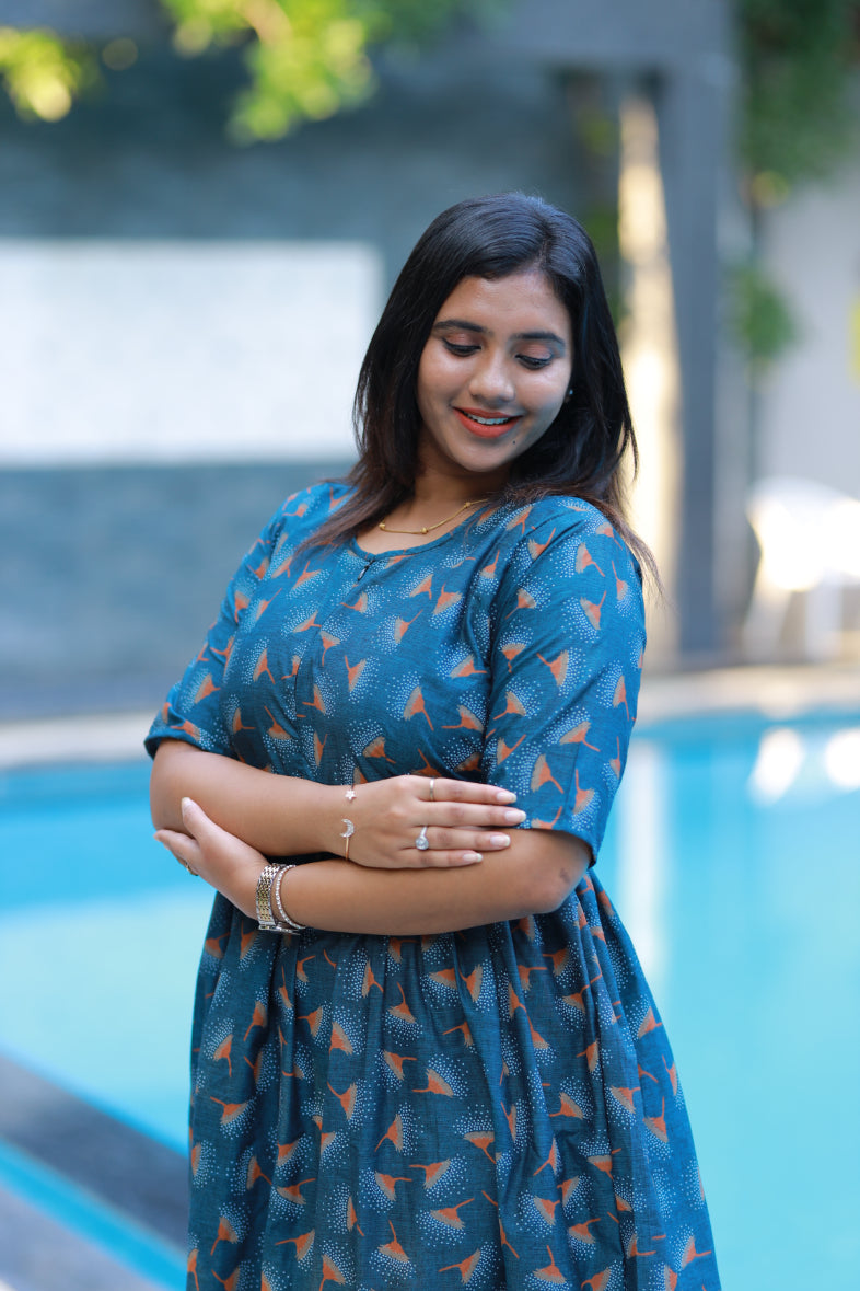 Pure cotton navy blue frock with center zip