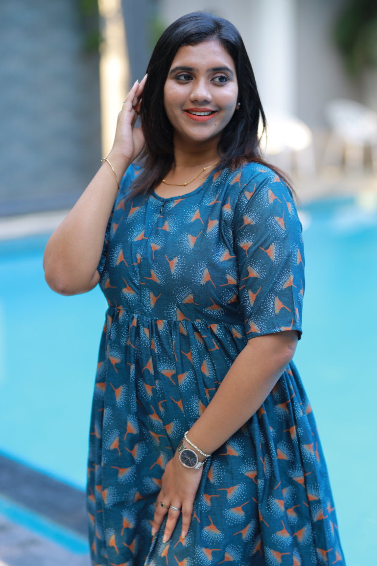 Pure cotton navy blue frock with center zip