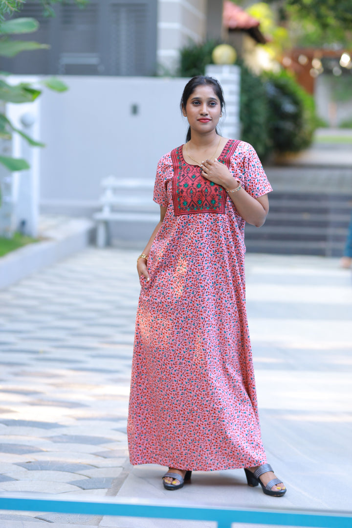 Peach Pink With Maroon Floral Design Neck Embroidery Nighty - AHA Nightwears