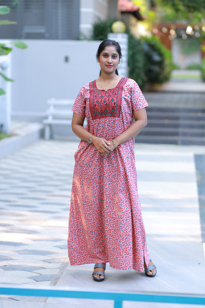 Peach Pink With Maroon Floral Design Neck Embroidery Nighty - AHA Nightwears