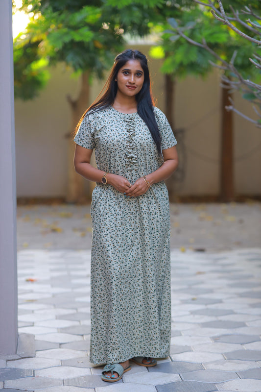 Pista Green With Flower Designing Without Zip Nighty