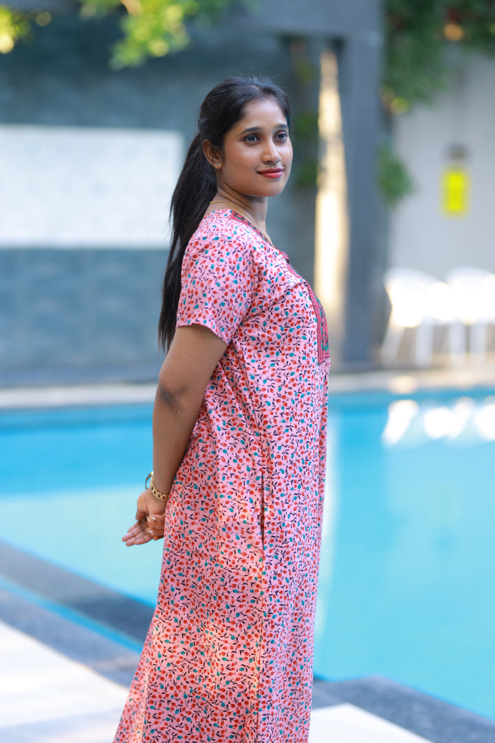 Peach Pink With Maroon Floral Design Neck Embroidery Nighty - AHA Nightwears