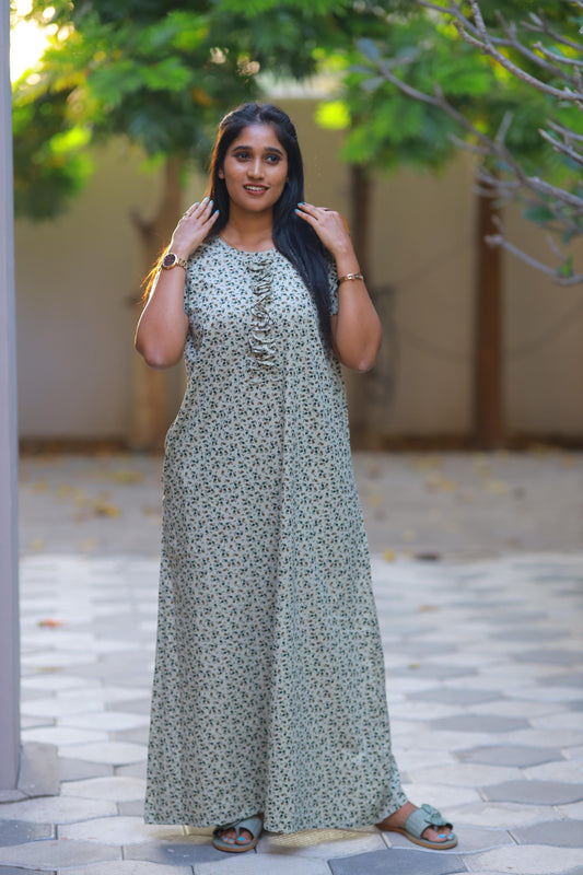 Pista Green With Flower Designing Without Zip Nighty