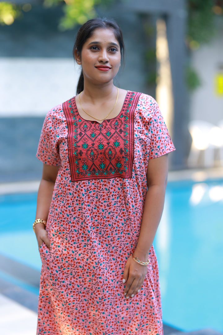 Peach Pink With Maroon Floral Design Neck Embroidery Nighty - AHA Nightwears