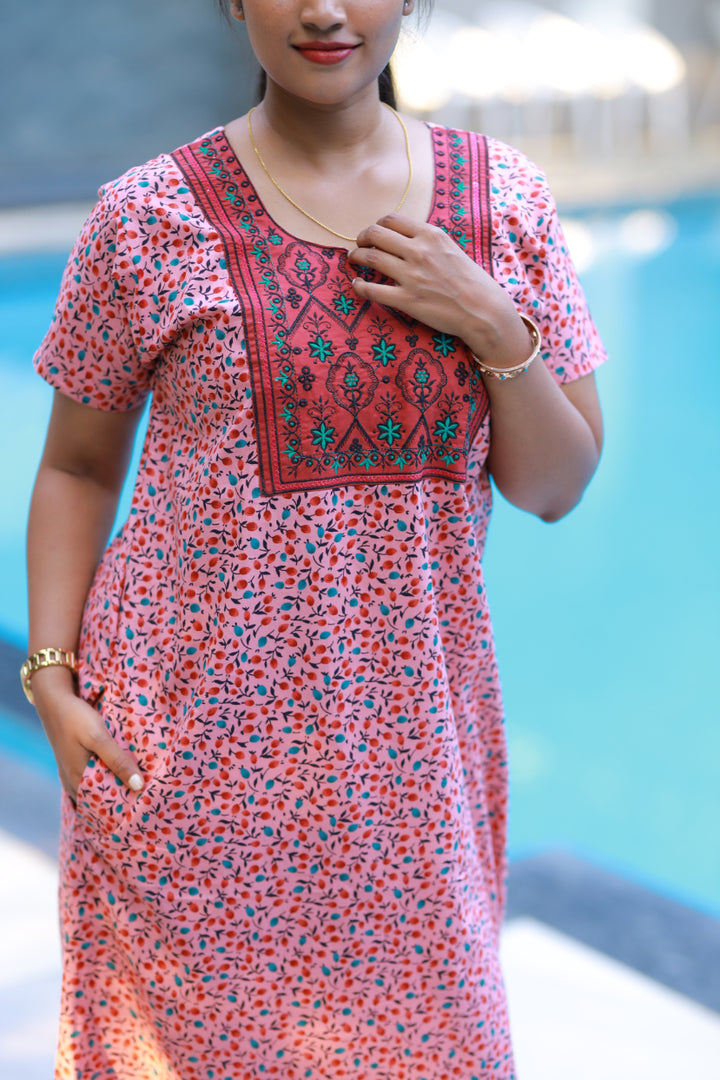 Peach Pink With Maroon Floral Design Neck Embroidery Nighty - AHA Nightwears