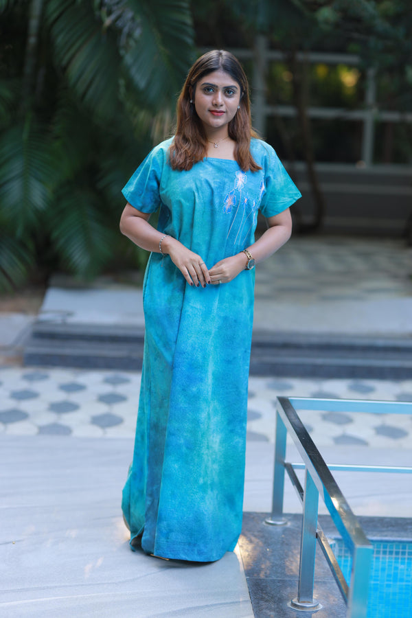 Light Shade Of Green Pure Cotton Batik Nighty With Elegent Embroidery Design