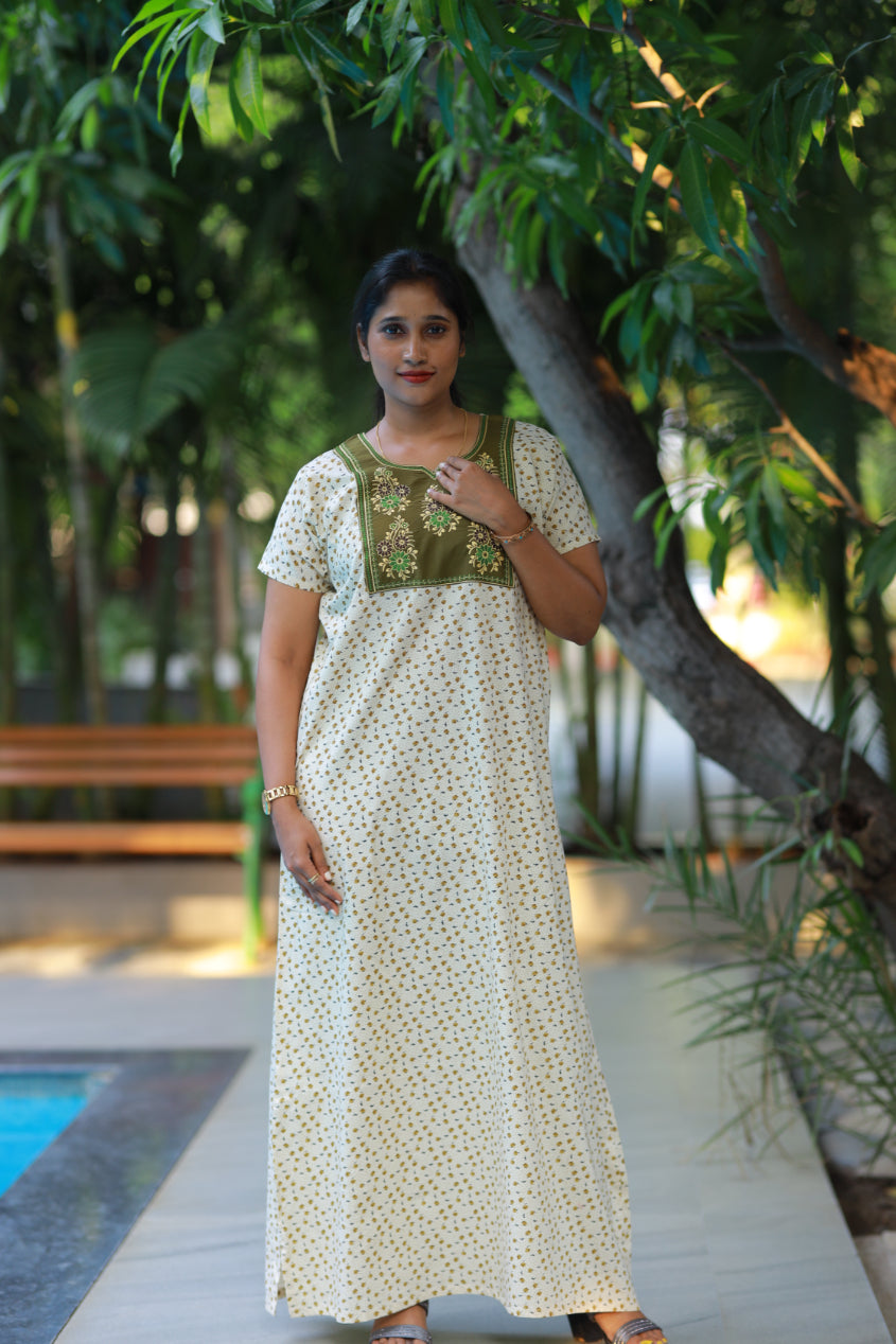 Sandal With Olive Green floral Design Neck Embroidery Nighty - AHA Nightwears