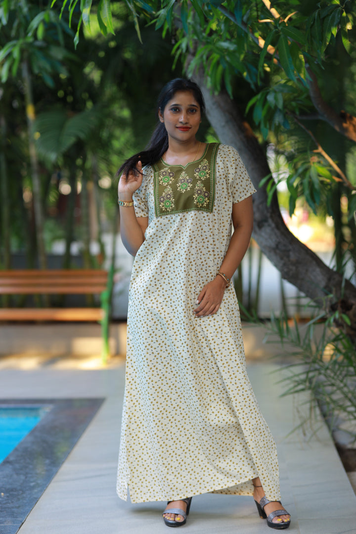 Sandal With Olive Green floral Design Neck Embroidery Nighty - AHA Nightwears